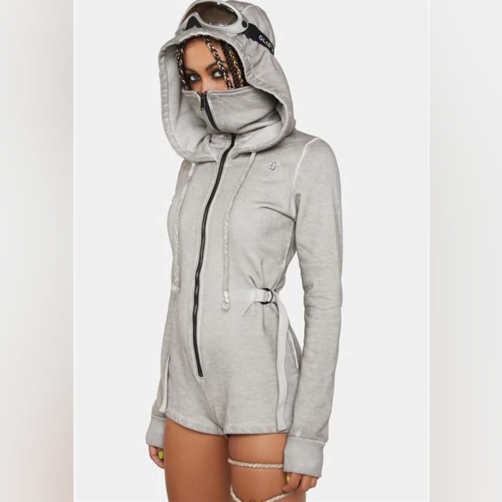 Dolls Kill Darker Wavs Gray Jumpsuit Playsuit Romper With Hood